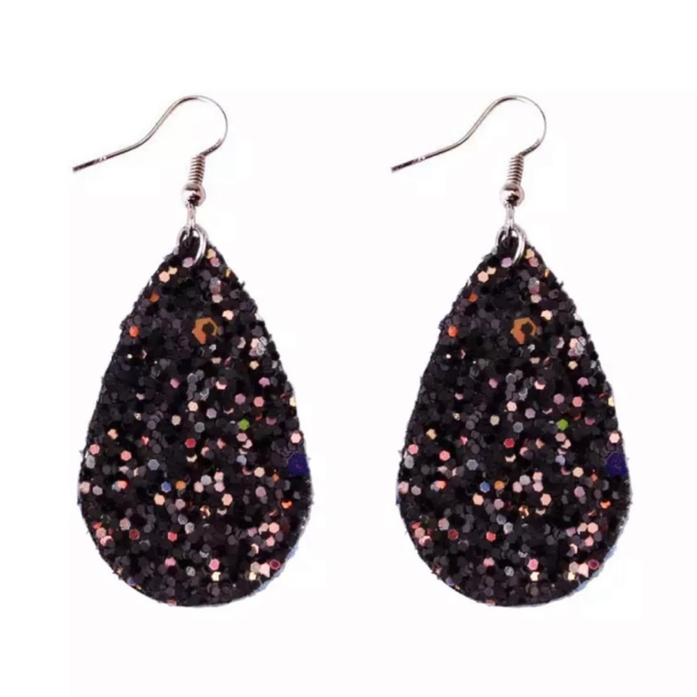 Glitter Faux Leather Teardrop Dangle Drop Earrings for Women Jewelry